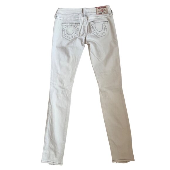 True Religion Jeans Womens Size 25 Skinny White Low Rise 31” Grey Stitching - Picture 1 of 14